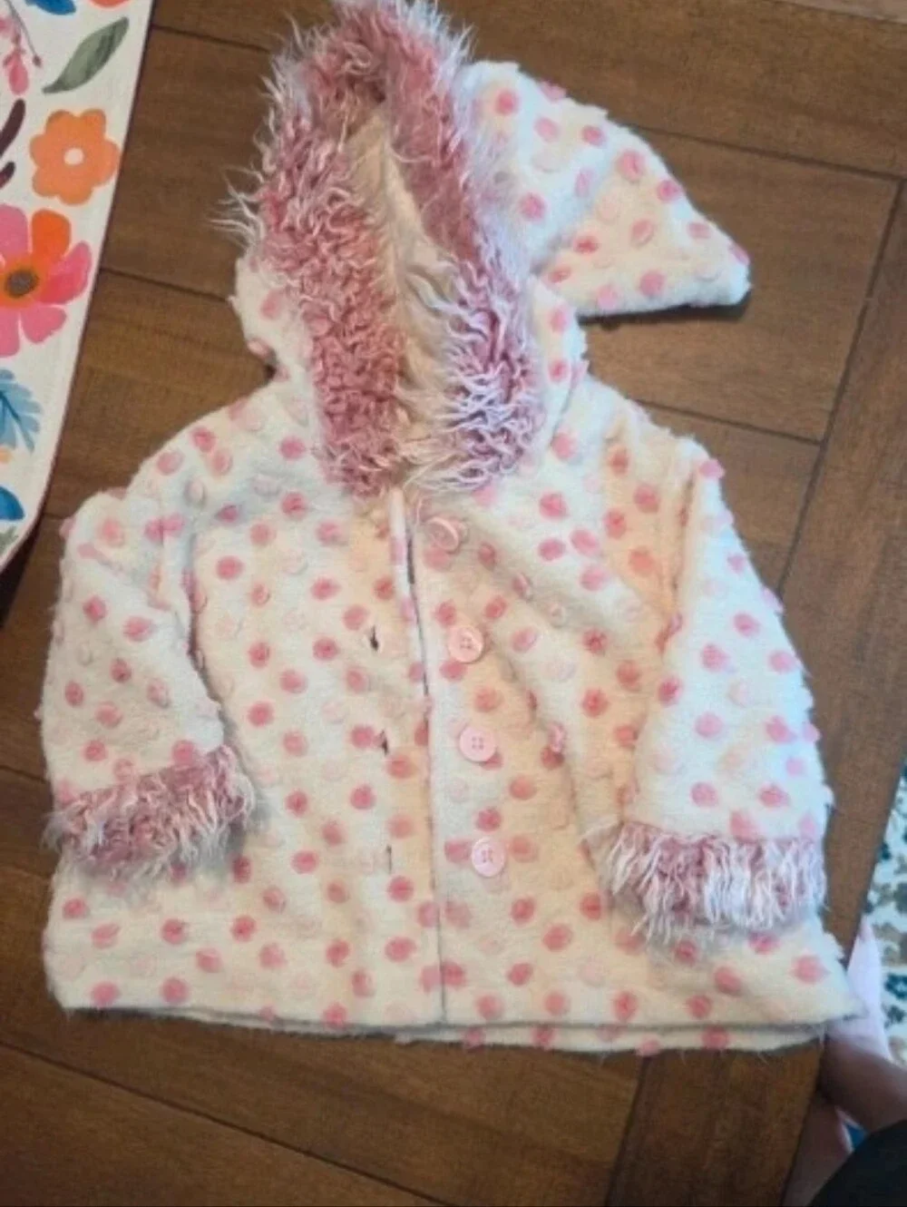 Hanna Andersson Vintage Pink Polka Dot Gnome Pixie Hood Fleece Jacket Size 70